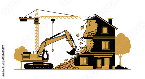 House Demolition In Progress: Construction Vehicle Destroys Residential Structure