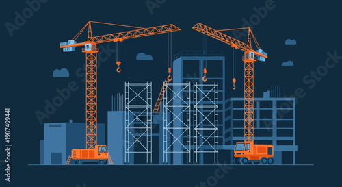 Graphic Illustration Depicting Modern Construction Site With Cranes And Building Scaffolding