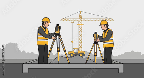 Engineers Analyzing Construction Site With Surveying Equipment and Heavy Machinery