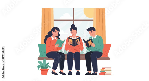 Young People Reading Books Together Inside Cozy Room
