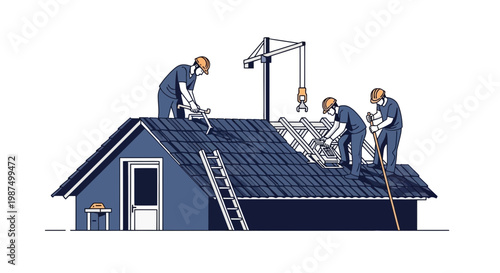 House Roof Repair and Construction Illustrative Depiction: Roofing and Workers at Work
