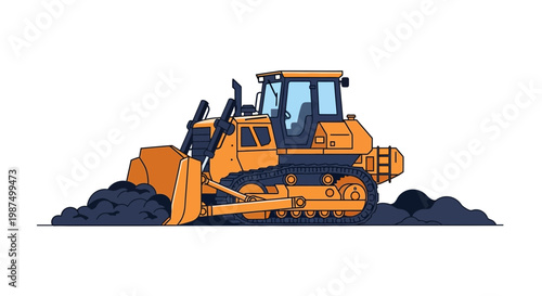 Graphic Illustration Of A Bulldozer Excavating Soil at a Construction Site.