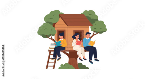 Family enjoying outdoor time in treehouse surrounded by greenery