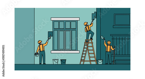 Graphic Illustration of Painters Working to Refurbish an Exterior Building Facade