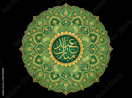 Intricate green and gold islamic mandala pattern with arabic calligraphy for eid mubarak symbolizing celebration blessings and cultural heritage set against a stark black