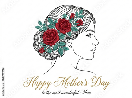 Elegant profile illustration of a woman's head adorned with lush red roses and verdant leaves symbolizing maternal love and beauty perfect for mother's day greetings