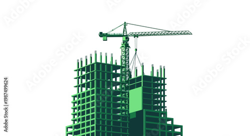 Green Construction Crane Above the Architectural Framework With Modern Building Structure