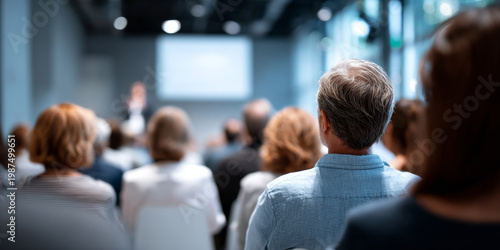 Audience attending a professional seminar or conference with speaker presenting in a modern meeting room setting