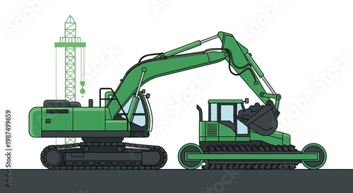 Green Construction Equipments, Bulldozer and Excavator, Working at the Construction Site