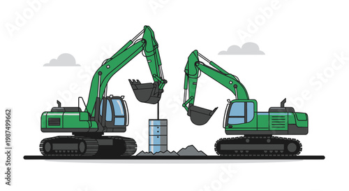 Green Construction Equipments Constructing Concrete Column And Digging Soil In Digital Illustration