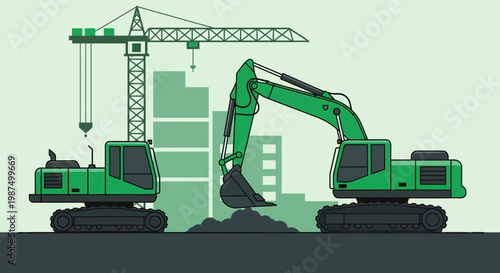 Green Construction Equipment Working Under the Construction Crane During a Daytime