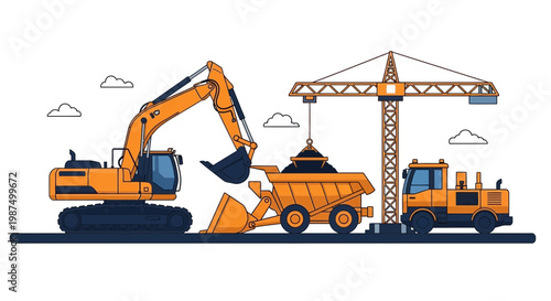 Illustrated Construction Scene Depicting Heavy Machinery on a Building Project Site