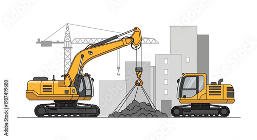 Illustrated Construction Scene Depicting Modern Hydraulic Excavators Building Urban Infrastructure