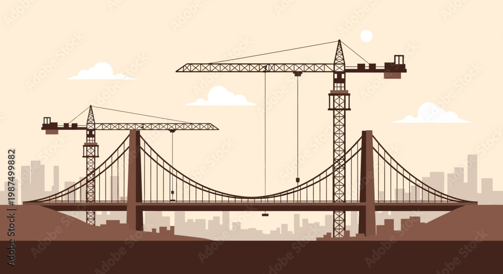 Obraz premium Illustrated Suspension Bridge Construction Depicted With Tower Cranes Against City Silhouette