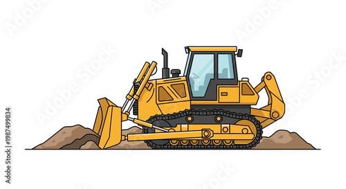 Illustrated Earthmoving Equipment Operating On A Construction Site With Yellow Bulldozer Machine