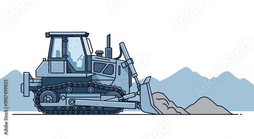 Illustrated Earthmoving Heavy Digger Work with Mountains Background and Clean Lines