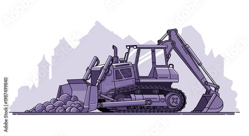 Illustrated Earthmoving Machine Moving Earth, Construction And Civil Engineering Task