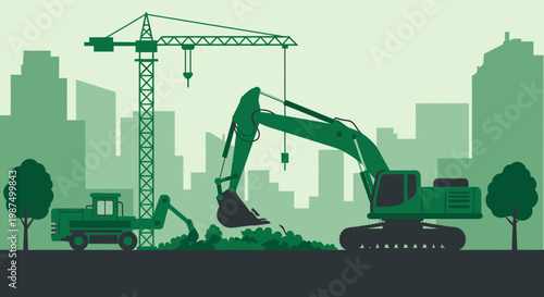 Green Construction Site in City Silhouette Depicting Urban Development Process