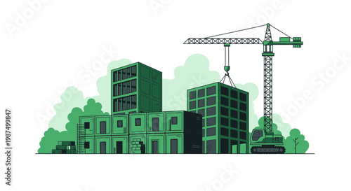 Green Construction Site With A Crane Building Commercial Infrastructure And Offices Quickly