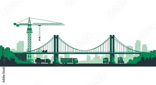 Green Construction Site with Crane Bridge and Vehicles Against the Urban Skyline