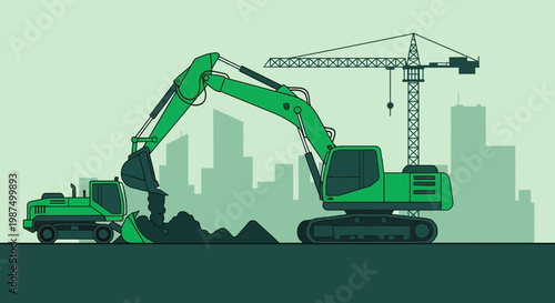 Green Construction Site with Excavator, Excavating Trucks and Tower Crane in Progress