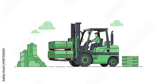Green Forklift Operating, Transporting Timber Loads, Illustrative Industry, Production, and