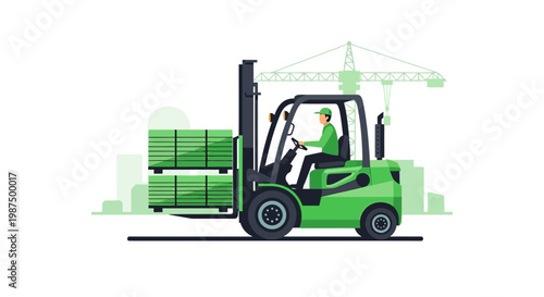 Green Forklift Transports Lumber: A Modern Industrial Illustration Concept