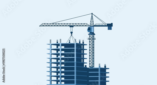 Illustration Of A Building Under Construction With Tower Crane Representing Industry Work