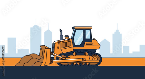 Illustration Of A Bulldozer At Work With Urban Skyline Backdrop And Construction Theme