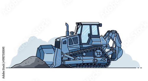 Illustration Of A Bulldozer Excavating Earth Against A White Background, Construction Equipment