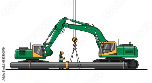 Heavy Machinery Operators Working Together to Assemble a Pipeline System Installation Process