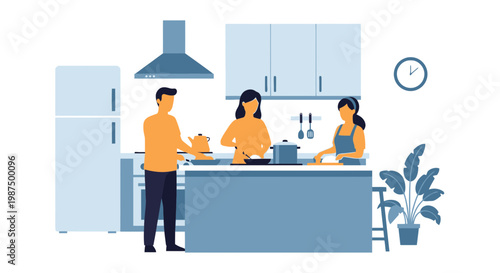 Family Cooking in Modern Kitchen with Children and Adults