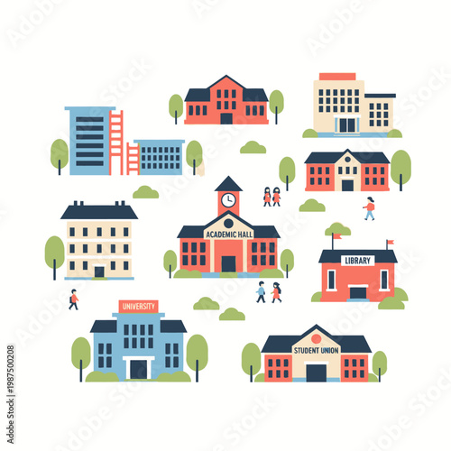 Diverse Campus Buildings Collection: University, Library, Student Union, Academic Hall