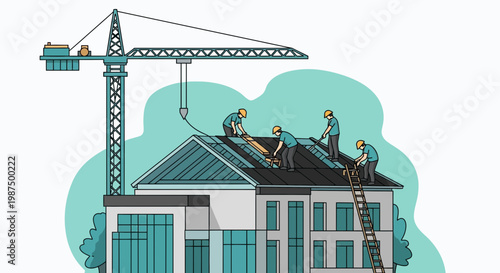 House Construction: Building Crew Working On Roof and Construction Crane, Illustrated Design