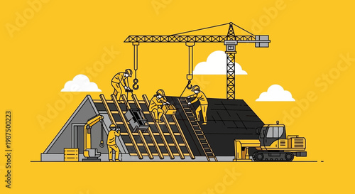 Illustration Of Construction Workers Building A Roof On A Building Using Machinery And Tools