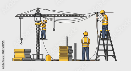 Illustration Of Construction Workers Working On Building Site and Crane