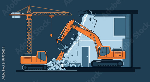 Illustration Of Demolition Works: Cranes, Excavators, And Building Destruction Displayed