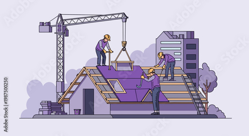 House Construction Building Processes Detailed Illustration with Construction Workers and Crane
