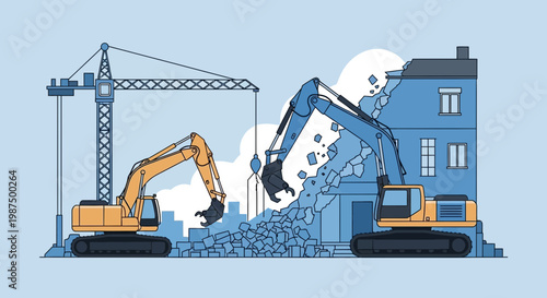 Illustration Of Demolition And Construction With Modern Excavators and Cranes