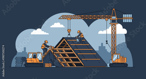 Illustration Of A Construction Site Depicting Roofers And A Crane Working On Site