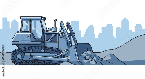 Illustration Of Heavy Bulldozer Working In Construction, Blue Tones, City Silhouette Background