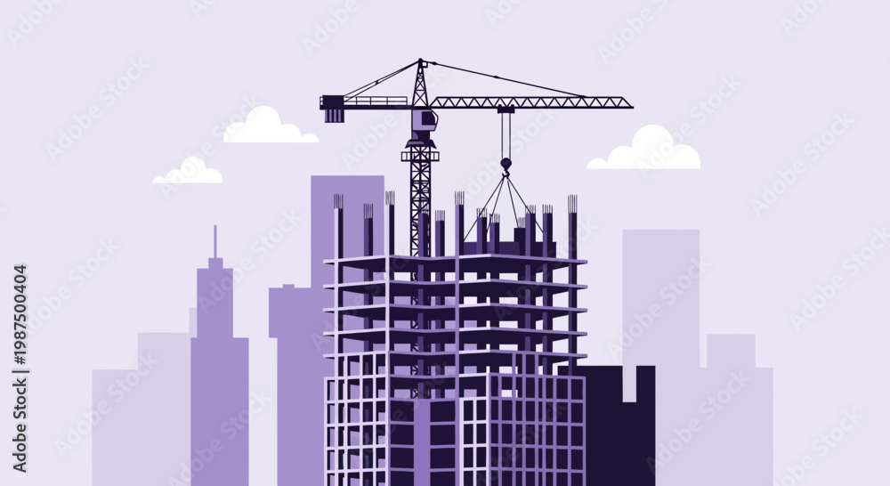 Obraz premium Illustration Of A High-Rise Building Construction Underway By Crane With Purple Tones