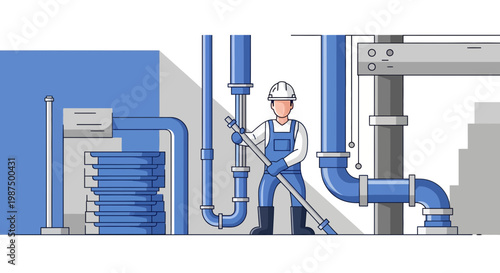 Illustration Of A Plumber Inspecting Industrial Pipes With Professionalism And Precision