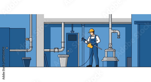 Illustration Of A Plumber Working On Piping System In Architectural Surroundings