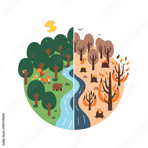 Split image: Lush forest vs. deforestation, climate change impact on nature