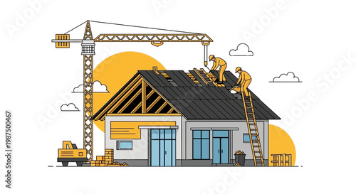 Illustration Of A Skilled Construction Team Working On New Residential Building