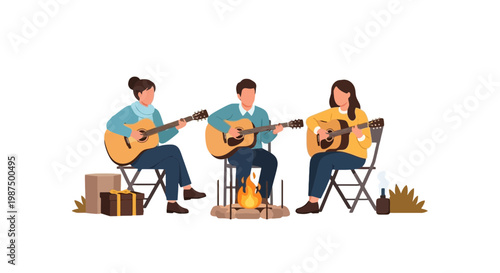 Group of People Playing Acoustic Guitar Around Campfire