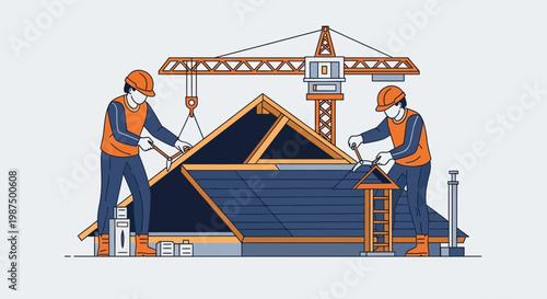 Illustration Of Builders Constructing A Roof Structure With Orange And Blue Color Scheme