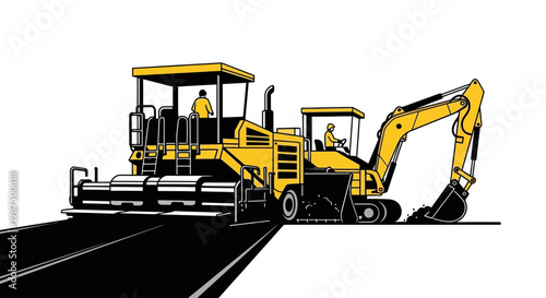 Illustration Of Road Construction Machinery With Asphalt Paving Equipment At Work