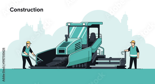 Illustration Of Road Construction Machinery With Workers In An Urban Landscape Scene